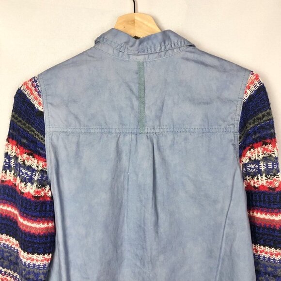 Free People We the Free Chambray Fair Isle Sweater Sleeve Button Down M - Picture 6 of 8
